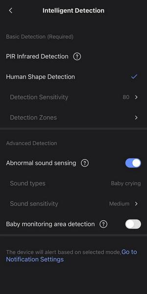 Видеоняня EZVIZ BM1, настройка чувствительности датчиков