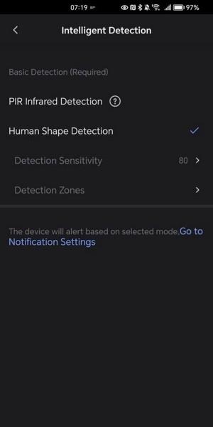 EZVIZ CB2, настройки обнаружения движения